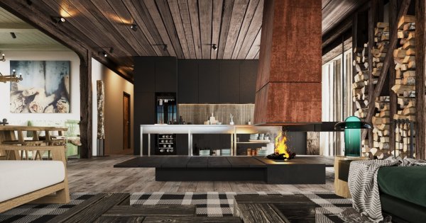 obývací pokoj s krbem