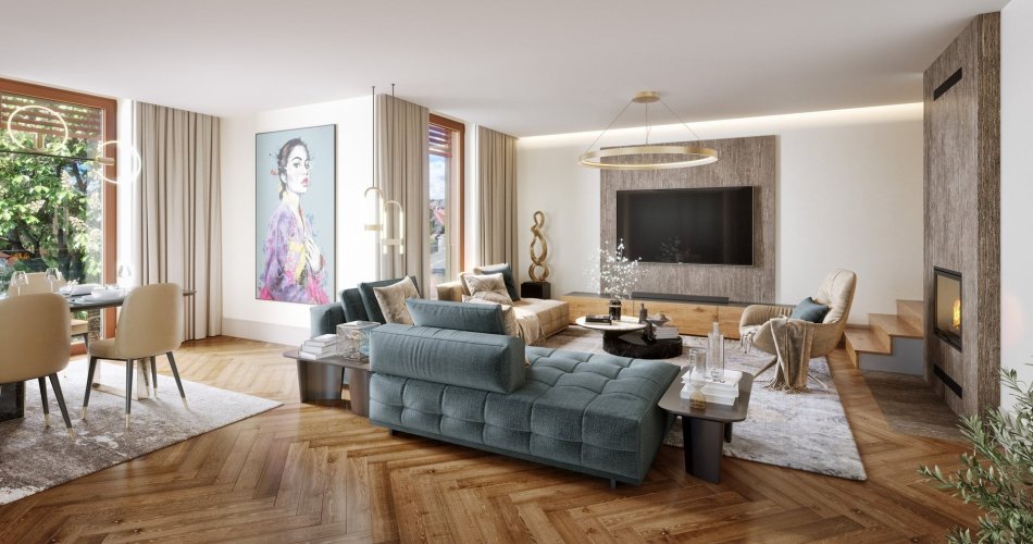 Prodej mezonetového bytu 4+kk s terasou a zahradou, Rezidence Pod Rybníčkem, Praha 6 - Suchdol